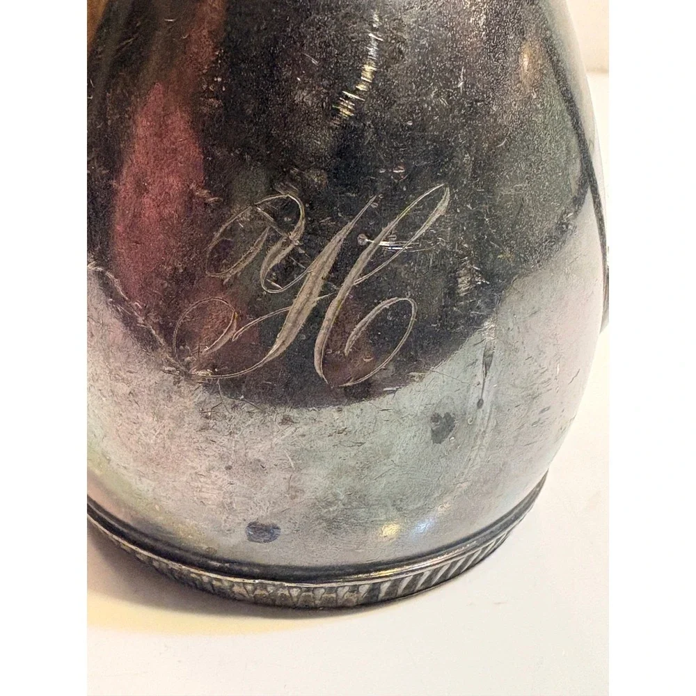 Vintage Silver Plated Pitcher Embossed Floral Band Monogram 'RH'‎